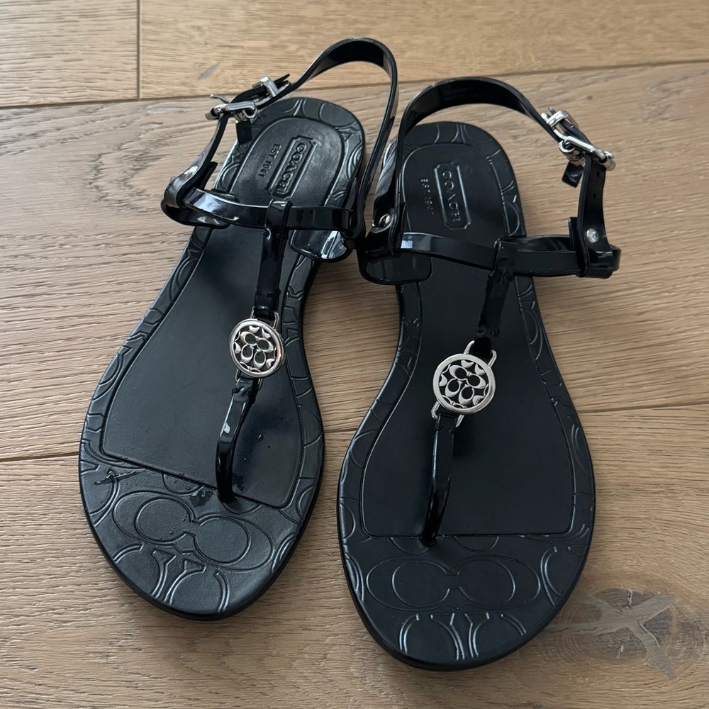 Coach Pansy Black Jelly Sandals with Silvertone Signature Accents Women's 6